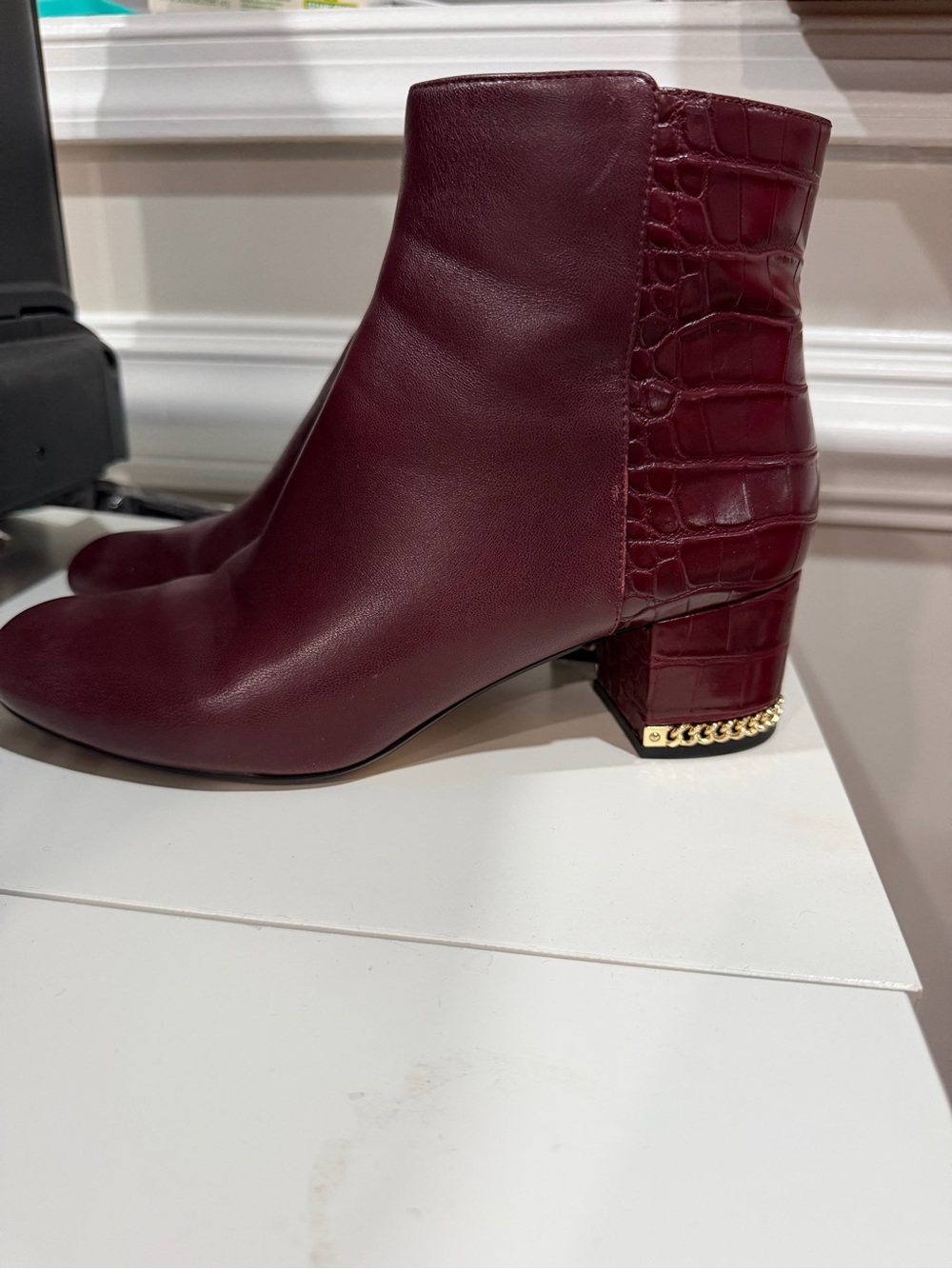 Michael Kors Burgundy Croc-Detail Block Heel Ankle Boots with Gold Chain